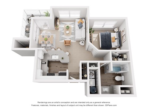 Floor plan for 1 bed, 1 bath, 730 sqft